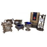Cobalt blue, silverplate, brass hour glass,