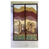 A signed canvas oil painting of a town square