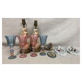 Porcelain figures, untested lamps 14.5", glassware