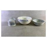 Three pieces of stoneware kitchen bowls and jar