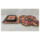 Clay art serving dish platter, salad plates and a