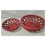 Two Red Ceramic Braid Bread Baskets