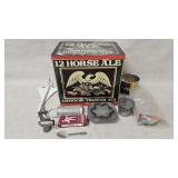 Empty tin box, model jet, small bucket,