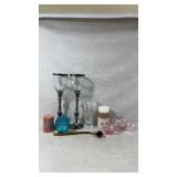 Decorative Glassware, Candles, and Brass Piece
