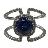 Ladies 925 Silver Blue Gemstone & CZ Ring