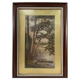 Vintage framed Landscape Print Of Fisher On A Boat
