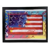 Peter max "Flag with Heart" Framed Print On Canvas