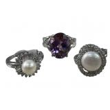 (3) Ladies 925 Silver Gemstone Rings