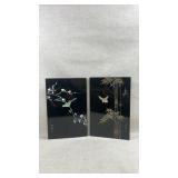 pair of vintage Asian black lacquer wall art