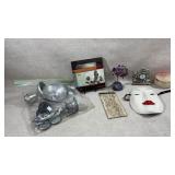 collection of decorative items including a white