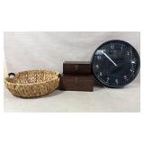 Wall Clock, Storage Boxes, And Wicker Basket Set