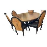 Carved Round Wooden Dining Table and 6 Leather