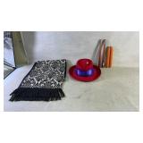 Red Hat, Taper Candles, and Patterned Scarf Lot