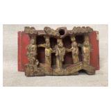 Antique Chinese Bas Relief Red Gilded Wood Panel