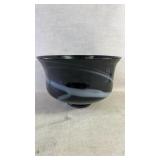 Black Glass Bowl with White Swirl Accents
