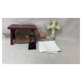 Hand painted pig figurines, wallet, cross,