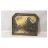 Framed Mountain Landscape Oil Painting Under Glass