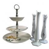 Vintage Milk Glass Bud Vases & 3 Tier Serving Tray