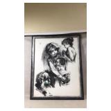 Framed Charcoal Artwork of Figures and Dog