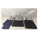 Silver plated dishes and pewter candle holders