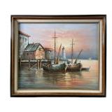 MAX SAVY 'FISHING HARBOR AT SUNSET' OIL ON CANAVS