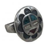 STERLING ZUNI INLAYED SUNFACE RING