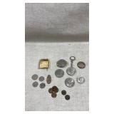 Collection of coins, vtg Colibri lighter