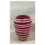 Red Glass Vase With White Swirl Pattern, 9 Inches