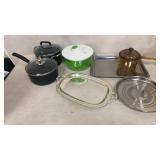 Pots, Pans, and a salad spinner, largest pan 16x11