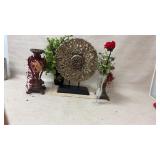 Hand carved wooden round plaque, fake flowers