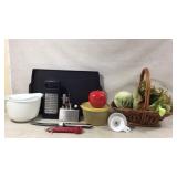 Cast iron platter, mixing bowls, funnels and more