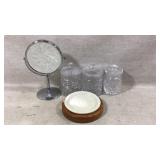 Soap holder, glassware, makeup mirror