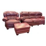 Leather Burgundy Sofa with Chair and Ottoman