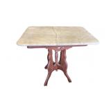 Marble-Top Table with Wooden Base on Casters