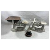 2 antique cast iron balance scales one set of