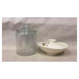 vintage glass jar and a lidded ceramic dish