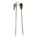 2 ANTIQUE 14K YELLOW GOLD STICK PINS