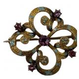 ANTIQUE ENAMELED 10K YELLOW GOLD BROOCH