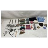 Bolo tie, coin purses, silver plate serving