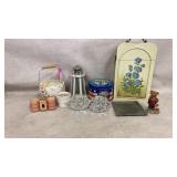 candles, glass bowls, tin, wooden box, bear figure