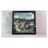 Framed Abstract Painting with Vibrant Landscape