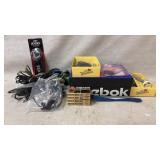 Chords, cassettes, box of scissors, shoe horn a
