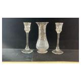 Crystal flower vase & (2) crystal candle holders