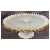Vintage Fenton Milk Glass Cake Stand with Amber