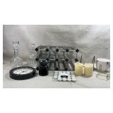 Home decor including wine rack, decanters, tea
