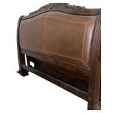 King Size Bed Leather and Carved Wood Headboard,