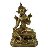MARKED TIBET GILDED GREEN TARA BRONZE SCULPTURE