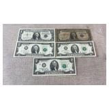 (5) vintage 1 dollar & 2 dollar bills