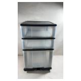 3-tier clear plastic storage tower with a black