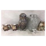 Owl Figurines, Glass Jar, and Ceramic Mugs Assortm
